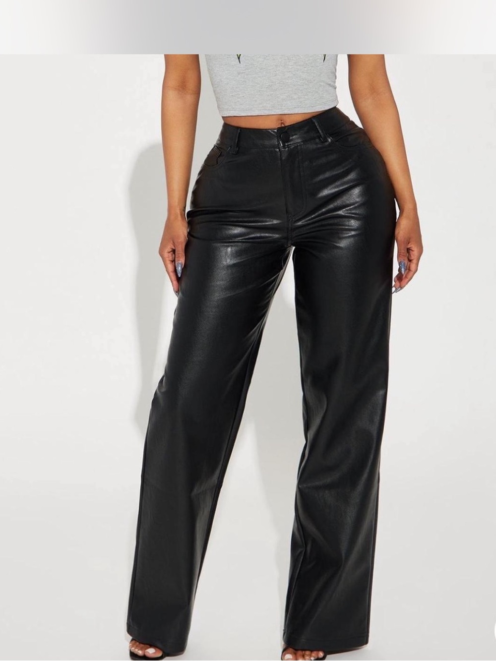 Fashion Nova Black Faux Leather Wide-Leg High-Rise Pants
